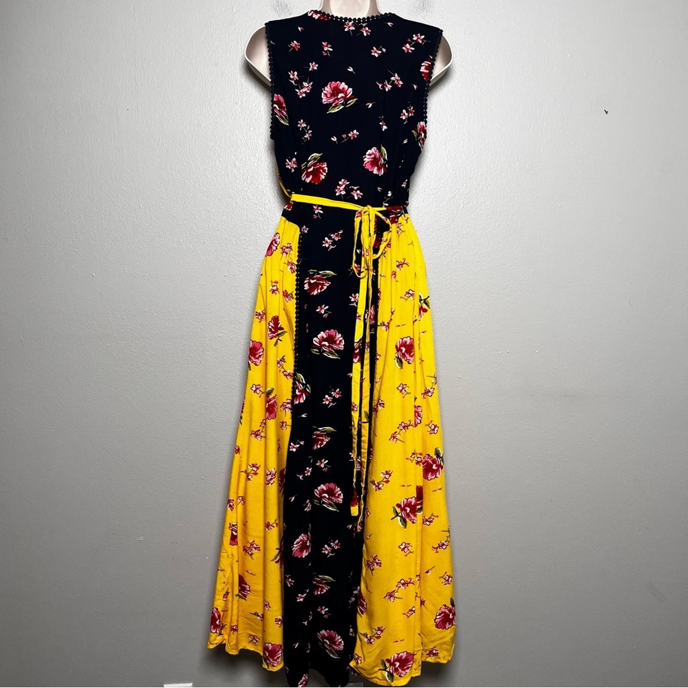eShakti Wayward Fancies Women Dress Medium Blue Yellow Floral Wrap Summer - Picture 3 of 10
